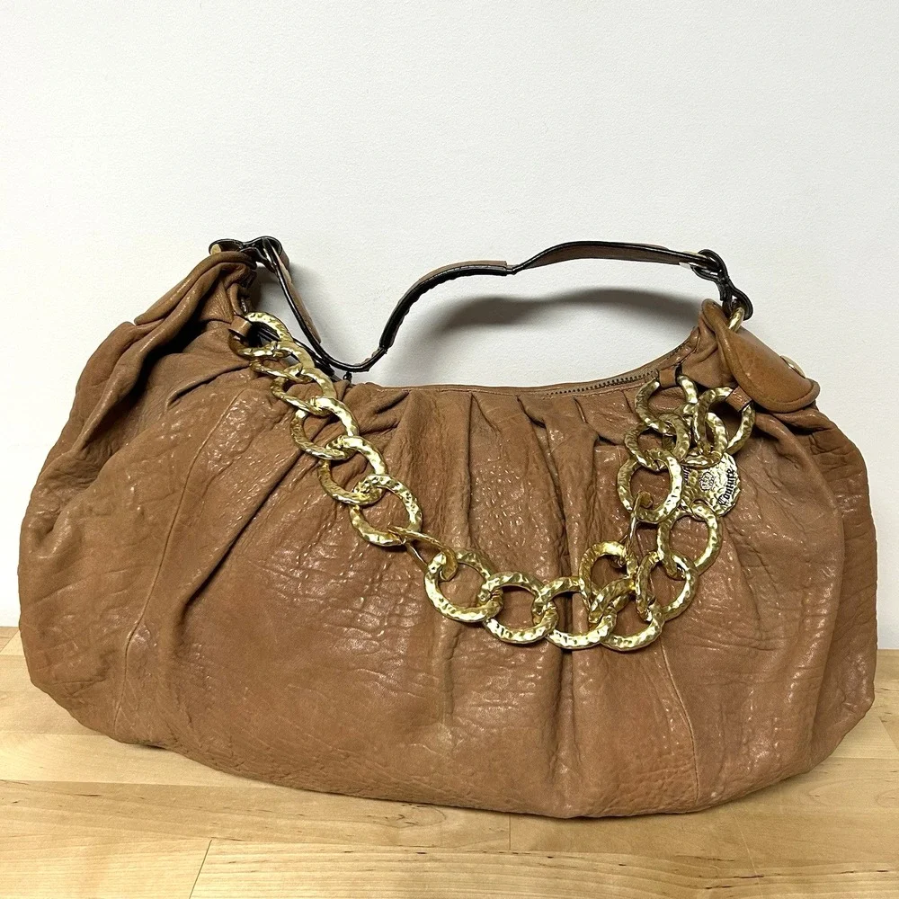 Vtg Y2k Juicy Couture Brown Leather Bag Slouchy Hobo Chunky Gold Chain Boho